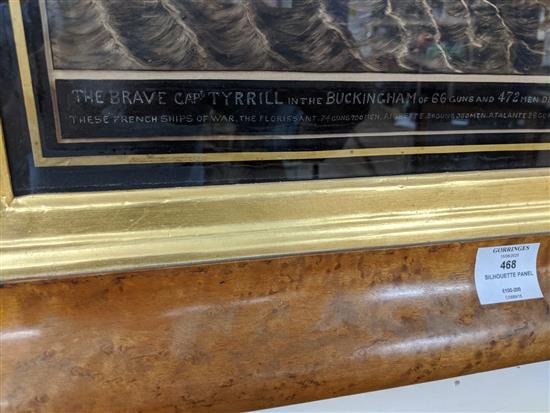 A 19th century reverse painted glass silhouette, The Brave Capt Tyrrill in the Buckingham of 66 guns and 472 men defeating the Florissa